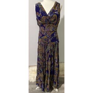 Jones New York tiered purple whimsical paisley print maxi dress 10